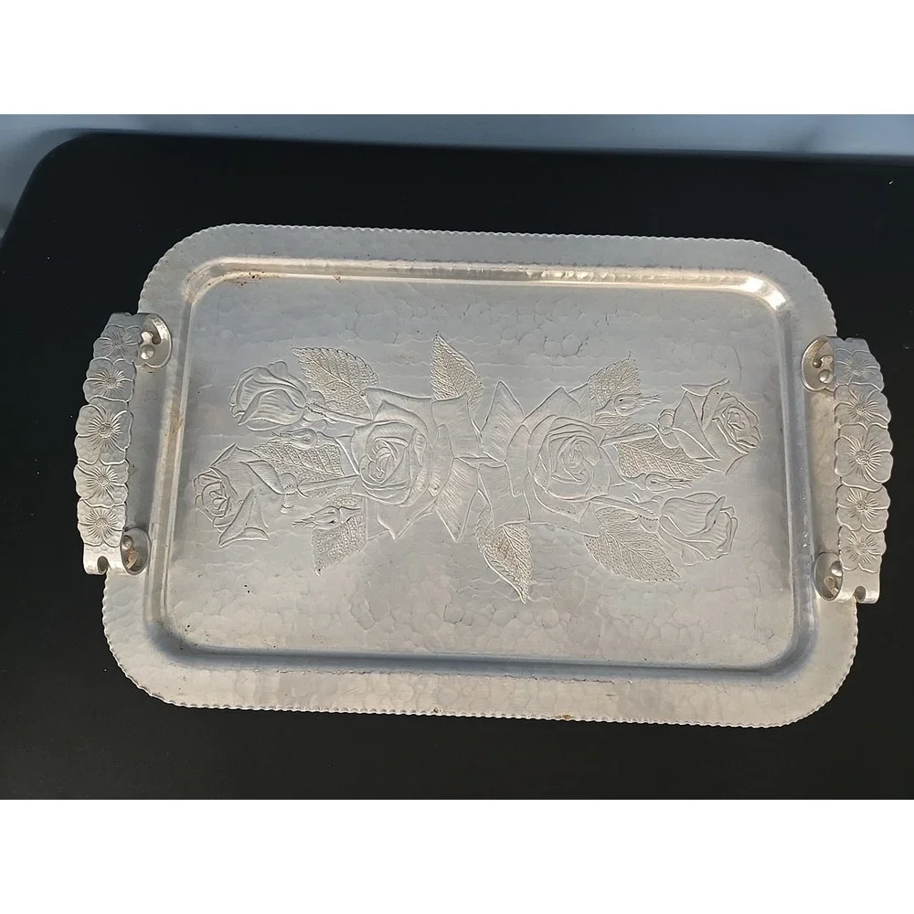 VINTAGE CONTINENTAL SILVER CO WILD ROSE BRILLIANTONE #1023 HAMMERED SERVING TRAY